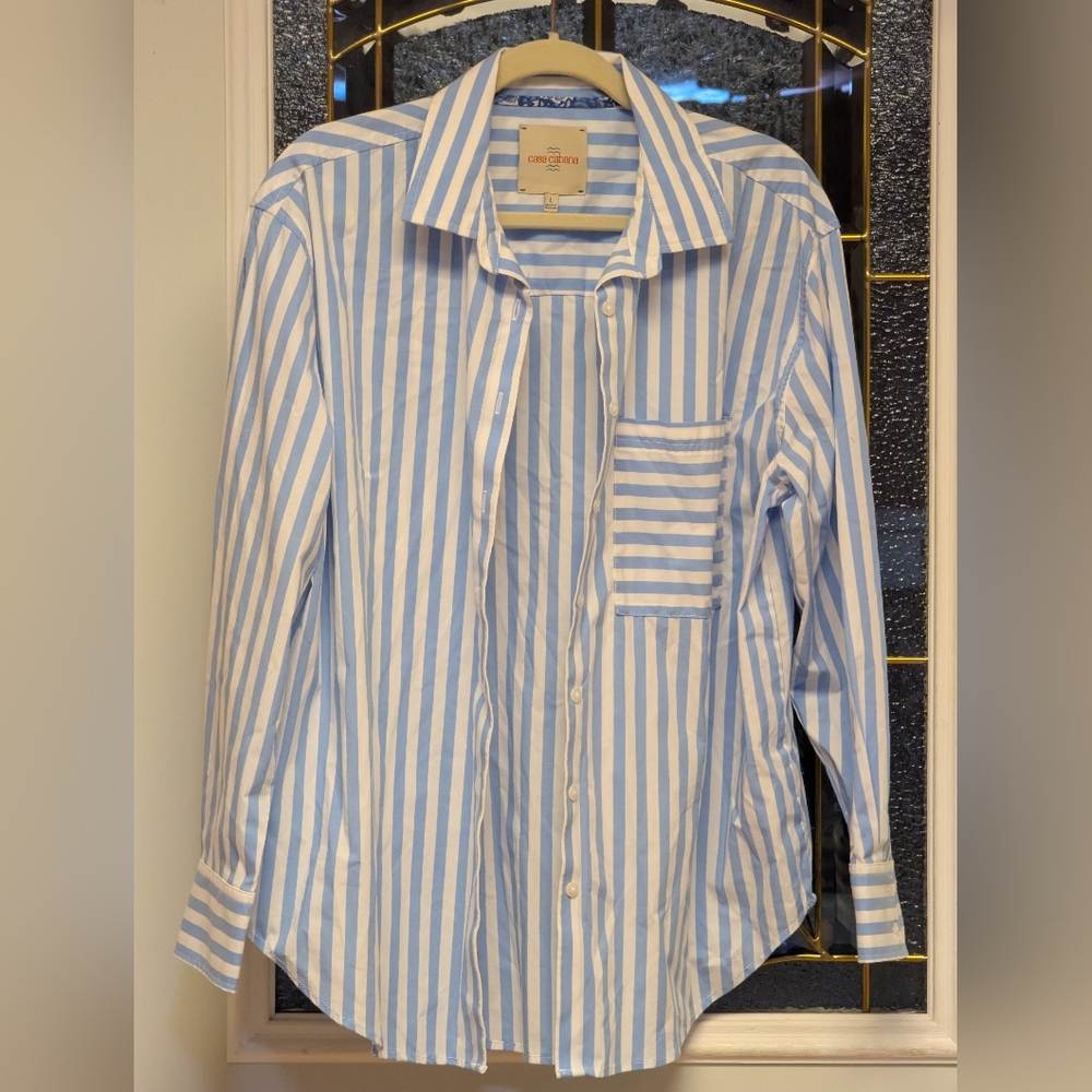 A258, Classic Blue and White Striped Women's Button Down Shirt